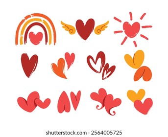 Set of heart shape in various forms. Valentine theme element. Collection of hand drawn texture heart romance design illustration. Idea for print, cartoon, card, decoration and sticker.