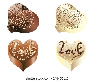 Set of heart shape white and brown chocolates with nuts.