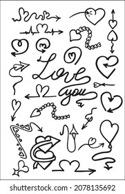Juego de flechas en forma de corazón para invitaciones, menú, bodas, decoración de tarjetas de felicitación. Indicadores vectoriales en blanco y negro.