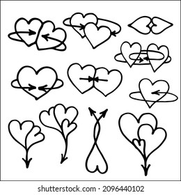 Juego de flechas en forma de corazón para invitaciones, menú, bodas, decoración de tarjetas de felicitación. Indicadores vectoriales en blanco y negro. Decoración para el día de San Valentín.