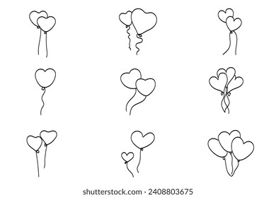 Set of heart shaped balloons. Hand drawn love line icon romance for valentine celebration. Vector illustration
