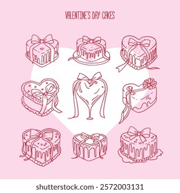 Set of heart shaped birthday or wedding cakes with bows and leaks. Vector hand drawn illustration in Coquette retro sketch style. Holiday clipart for greeting cards and invitations