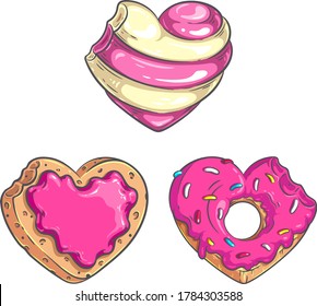 Un conjunto de caramelos mordidos en forma de corazón, donut y cocina. Dulces ilustraciones vectoriales de corazones para tu Día de San Valentín, festival de comida y otros diseños de fiestas.