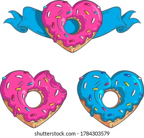 Set of heart shaped bitten and intact donuts. Sweet hearts vector illustrations for your Valentine’s Day, food festival and other party designs.
