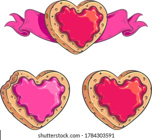 Set of heart shaped bitten and intact cookies. Sweet hearts vector illustrations for your Valentine’s Day, food festival and other party designs.