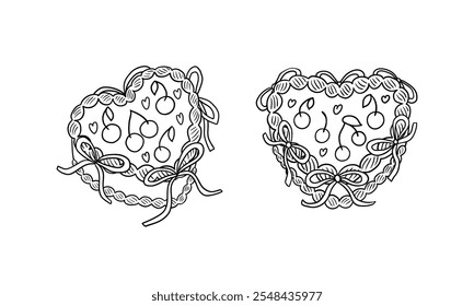 Conjunto de bolos em forma de coração com cerejas e arcos em estilo de esboço retro. Ilustração de rabiscar de contorno de vetor. Feriado, aniversário, casamento, dia dos namorados clipart em coquette estética