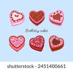 Set of heart shaped cakes with strawberries and cherries. Vector flat illustration of holiday birthday cakes