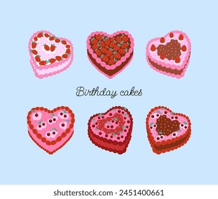 Set of heart shaped cakes with strawberries and cherries. Vector flat illustration of holiday birthday cakes