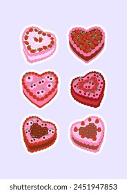 Set of heart shaped cakes with strawberries and cherries. Flat illustrations for holidays and greetings. Vector sticker pack