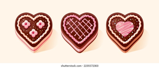 Set of heart shaped chocolate cake. Chocolate cute dessert with cream. Vector isometric isolated illustration.