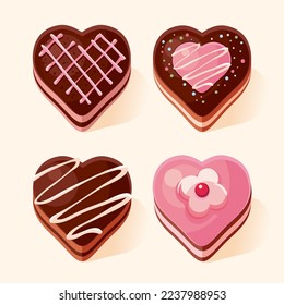 Un conjunto de tartas de chocolate con forma de corazón. Chocolate lindo postre decorado con crema. Ilustración aislada vectorial isométrica.