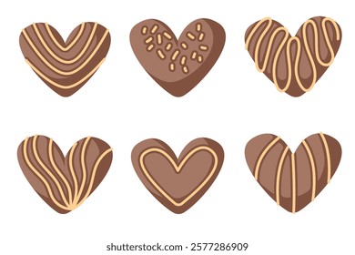 Set of heart shaped chocolate candy with decorative design in cartoon style. Perfect for Valentine, sweet treats, gift ideas or confectionery design. Vector illustration isolated on a white background