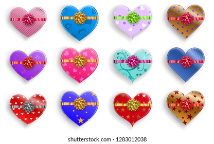 Set of heart shaped colorful gift boxes with ribbons, bows and various patterns