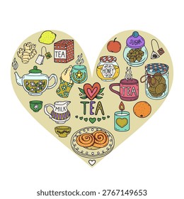Set of heart shaped composition of cozy line art items with Tea hand lettering vector illustration..