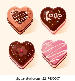 Un conjunto de galletas decoradas en forma de corazón. Pastel de chocolate con crema y amor por la inscripción. Ilustración aislada vectorial isométrica.