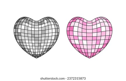 Set of heart shaped disco balls in retro style. Vector outline illustration on isolated background