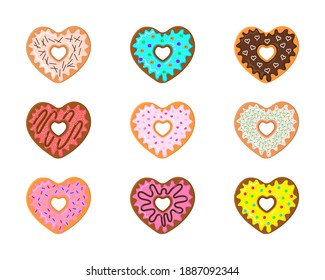 Set of heart shaped donuts isolated on white background. Different sweet doughnuts for Valentines day. Vector cartoon illustration.