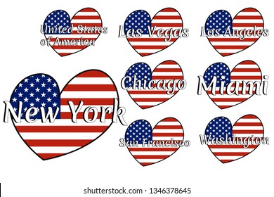 Set of heart shaped flag of The United States of America with inscription of city names: New York, Las Vegas, Los Angeles, Chicago, Miami, San Francisco, Washington . EPS10 illustration.