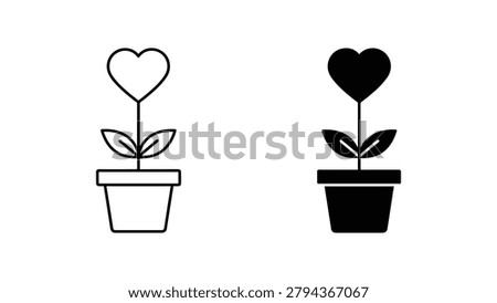 A set of heart shaped flower icons in pot containers, designed for romantic celebrations and Valentine's Day projects as a symbol of love and organic growth.