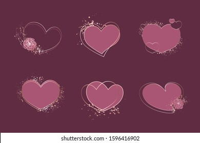 Set of heart shaped frame with rose gold texture, shiny splatters.  Glamour composition for card, invitation, save the date, logo design. Valentine's day design.