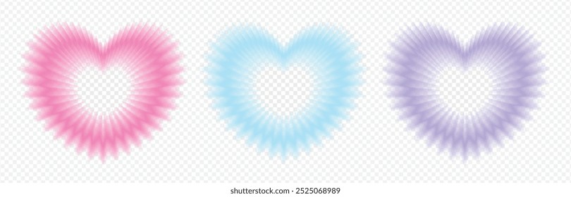 Set of heart shaped frames with blurred transparent edges. Gradient Heart in 90s, 2000s style. Isolated frames in the form of glowing hearts - design elements for valentine's day. Vector illustration.