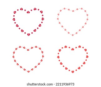 Set of heart shaped frames with hearts and flowers. Collection of templates for Valentine day card, wedding invitation, photo, picture, banner, stickers. Vector flat illustration