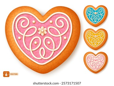 Set of heart shaped gingerbread cookies with elegance pattern. Cute cookies with sugar icing, pastry for Valentines day. Vector illustration