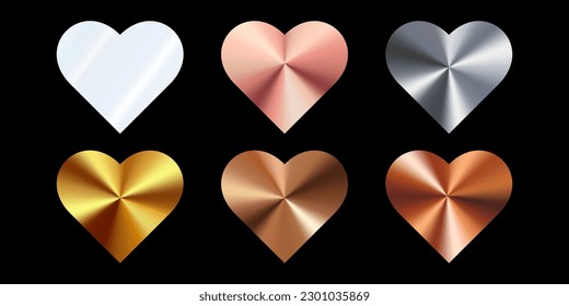 Set of  heart shaped holograms. Aluminum, silver, copper, brass, gold, bronze, pink gold color gradient. Multicolored metal texture.3d vector illustration on a black background.