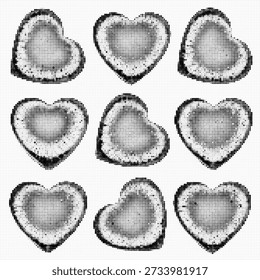 Set of heart shaped ice cubes on white background, frozen water symbols for love and romance, crystal clear ice hearts for Valentine's Day drinks and cold beverage concepts.