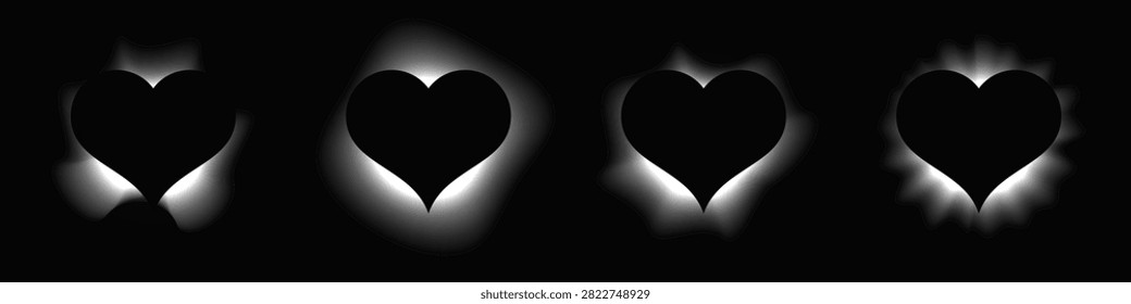 Set of heart shaped illuminate frames with gradient. Four white neon banners isolated on black background. Vector illustration