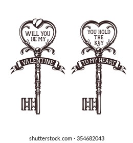 Set of heart shaped keys with quotes related to valentines day. Vintage vector illustration. Trendy design elements for greeting cards, invitations, posters and so on. 