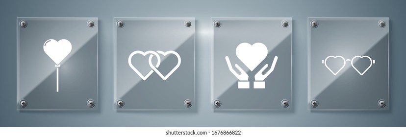 Set Heart shaped love glasses, Heart on hand, Two Linked Hearts and Balloons in form of heart. Square glass panels. Vector