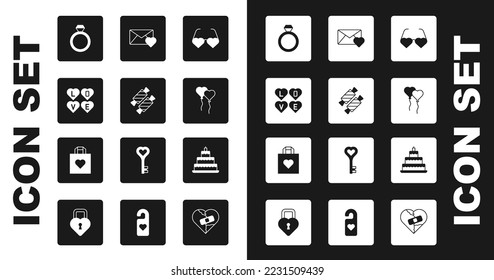 Set Heart shaped love glasses, Candy, Love text, Wedding rings, Balloons form of heart, Envelope with Valentine, cake and Shopping bag icon. Vector