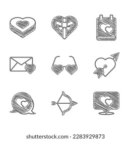 Set Heart shaped love glasses, Bow and arrow, Location with heart, Amour, in speech bubble, Envelope Valentine, Calendar and Candy box icon. Vector