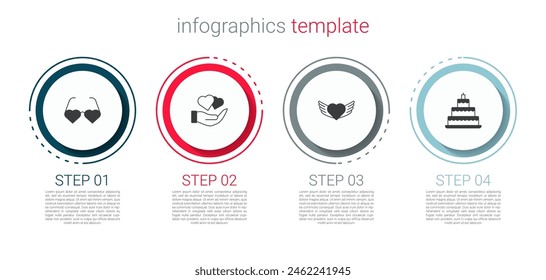 Set Heart shaped love glasses, in hand, with wings and Wedding cake. Business infographic template. Vector