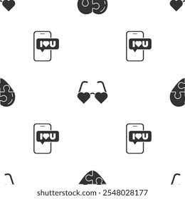 Set Heart, shaped love glasses and Mobile with heart on seamless pattern. Vector