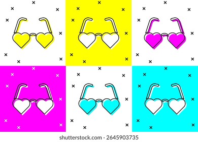 Set Heart shaped love glasses icon isolated on color background. Suitable for Valentine day card design.  Vector