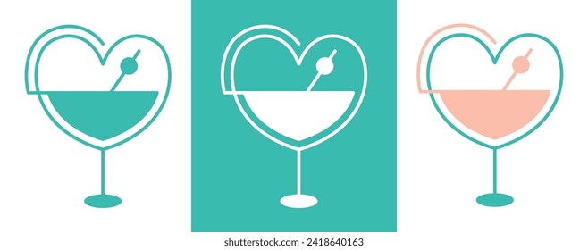 Set with heart - shaped martini glasses. Simple romantic design element, cute isolated glasses of drinks in collection. Graphic symbol for logo, emblem, icon, other. Vector illustration.