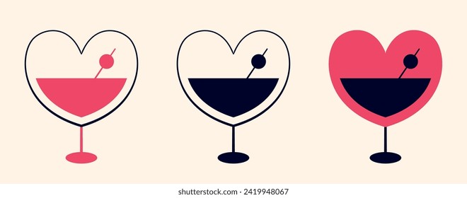 Juego de gafas de martini en forma de corazón. Arte sencillo con copas de cóctel. Elemento de diseño aislado para el signo de marca, icono, logotipo, etc. Tema de romance, barra, fecha, bebidas alcohólicas. Ilustración vectorial.