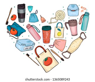 set of heart shaped objects for ecological lifestyle on white background