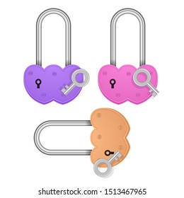 Set of Heart shaped padlocks. Valentines day love concept. 3D Vector Illustration, EPS 10 format