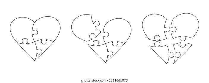 Set of heart shaped puzzle pieces. Puzzle on white background. Symbol of Valentine's Day. Symbolic pieces of the autism puzzle. Vector illustration