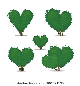 Arbustos con forma de corazón aislados en un fondo blanco. Plantas decorativas. Amor, salud, ecología, símbolo de conservación. Plantilla de tarjeta de San Valentín. Ilustración vectorial. Iconos de verano, primavera. 