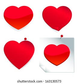Set of heart shaped stickers, and post notes. Adhesive heart labels for notes. Vector Illustration