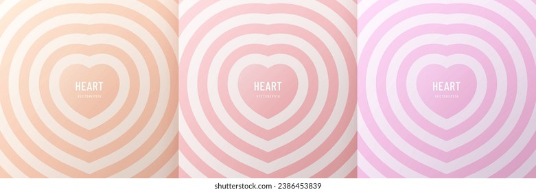 Set of heart shaped tunnel background in pastel pink, soft red and ligh torange color. Stripe romantic pattern. Trendy vector illustration in style retro 60s, 70s design. Valentines element collection