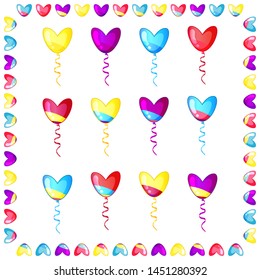 Set of heart shapedballoons and heart border isolated on white 