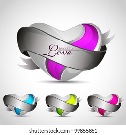 Set of heart shapes in blue, pink, green color with grey shades isolated on grey background. EPS 1-. can be use as tag, sticker, label, button.