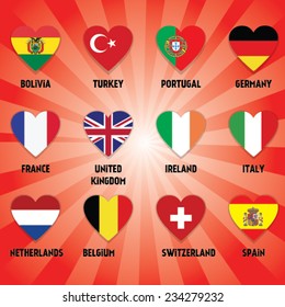 Set of Heart shapes Buttons Flags of world country states. Vector illustration.