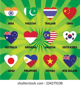 Set of Heart shapes Buttons Flags of world country states. Vector illustration. 