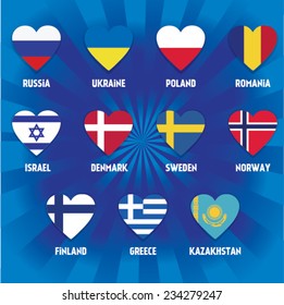 Set of Heart shapes Buttons Flags of world country states. Vector illustration.